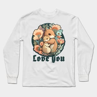 Mother and Baby Squirrel Embracing in Flowers Garden Love you Long Sleeve T-Shirt